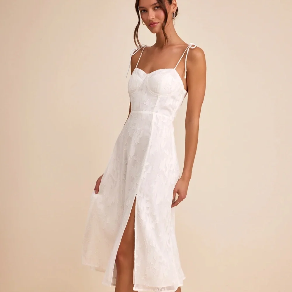 Lulu's White Floral-Embossed Tie-Strap Midi Dress - Picture 3 of 5
